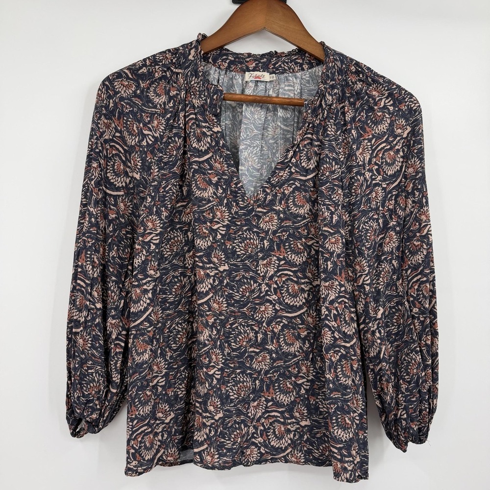 Faherty Blouse Womens Small Blue Floral Tunic Balloon Sleeve Ruffle Casual
